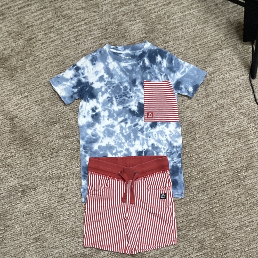 Rags Boys 5/6 2pc Tie Dye Short Sleeve Tee & Striped Shorts Set Blue/Red
